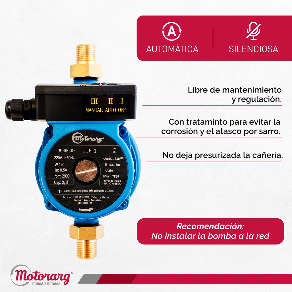 BOMBA PRESURIZADORA MOTORARG MODELO TIP 1 HASTA 2 CONSUMOS - TANQUE ELEVADO