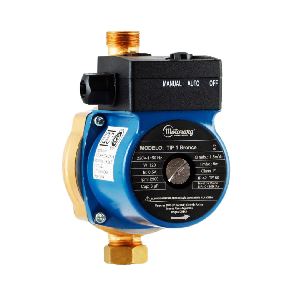 BOMBA PRESURIZADORA MOTORARG MODELO TIP 1 - BRONCE - HASTA 2 CONSUMOS - TANQUE ELEVADO