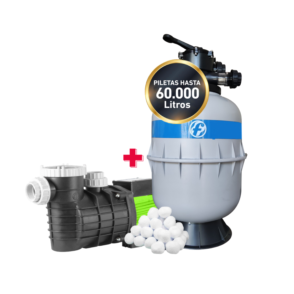 COMBO FLUVIAL BOMBA PLATA 2 + FILTRO TITANIUM 60 + CARGA FILTRANTE - PISCINAS HASTA 60.000 LTS