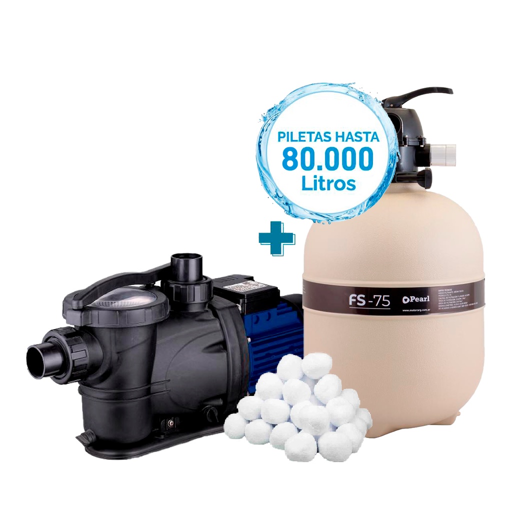 COMBO PEARL BOMBA POOL II 75 + FILTRO FS-75 + CARGA FILTRANTE - PISCINAS HASTA 80.000 LTS