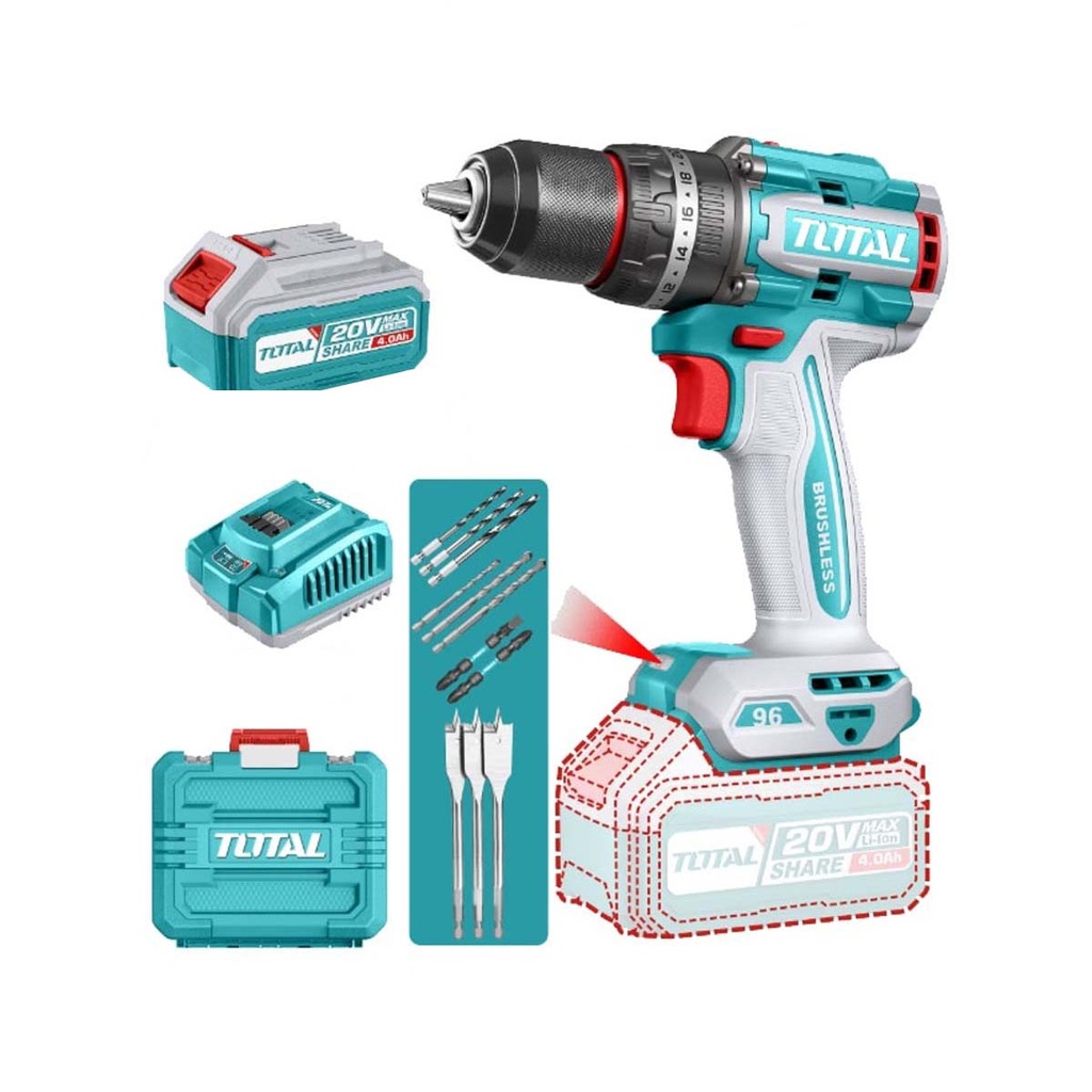 Taladro Percutor 20V BL 2000rpm 96Nm INDUSTRIAL TOTAL TIDLI20968-4 (MALETIN, CARGADOR, Y 2 BATERIAS 4Ah)