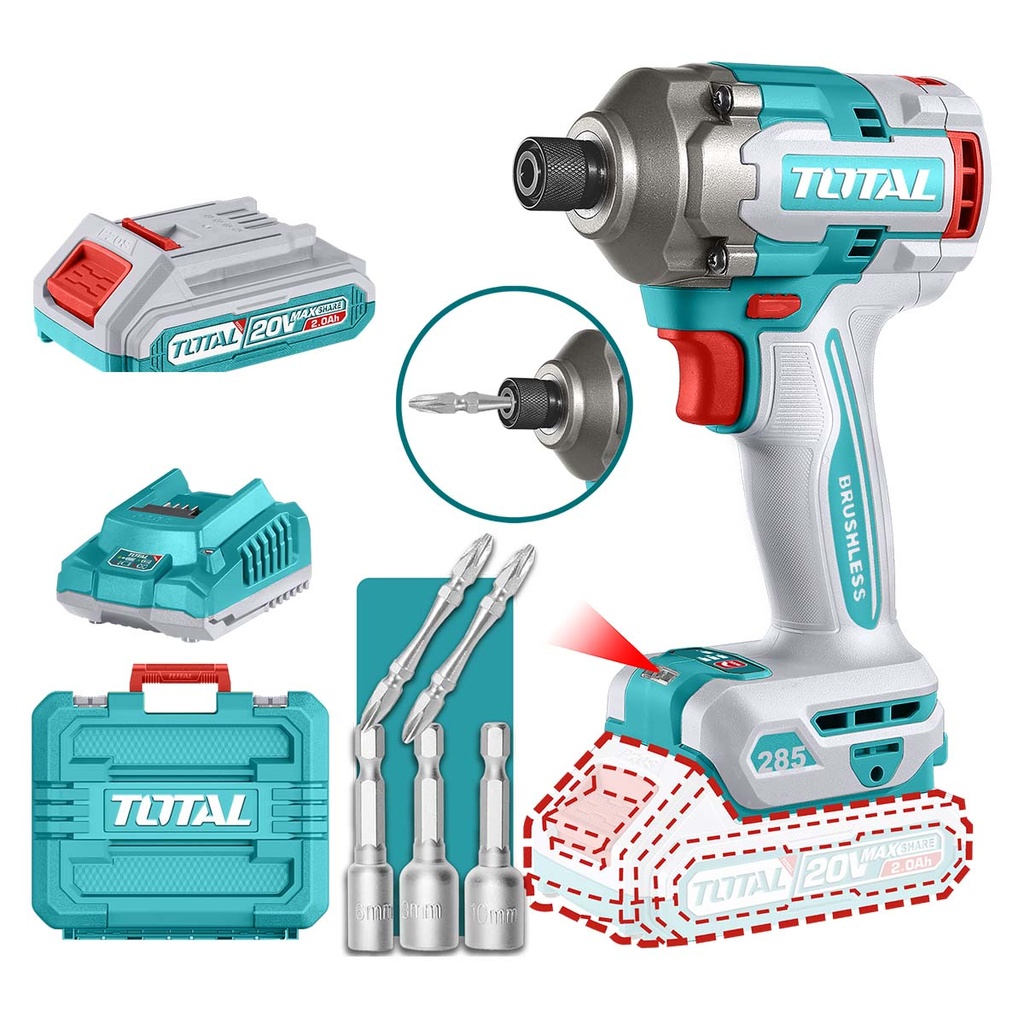 Atornillador de Impacto 20V BL 1/4 285Nm INDUSTRIAL TOTAL TIRLI2028-4 (MALETIN, CARGADOR, Y 2 BATERIAS 2Ah)