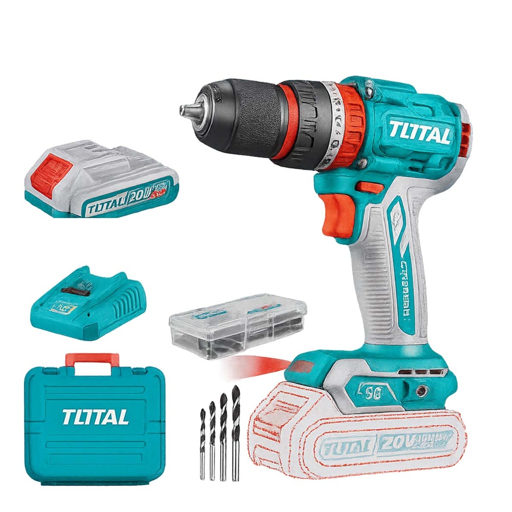 Taladro Percutor 20V BL 2000rpm 66Nm INDUSTRIAL TOTAL TIDLI20668-4 (MALETIN, CARGADOR, Y 2 BATERIAS 2Ah)