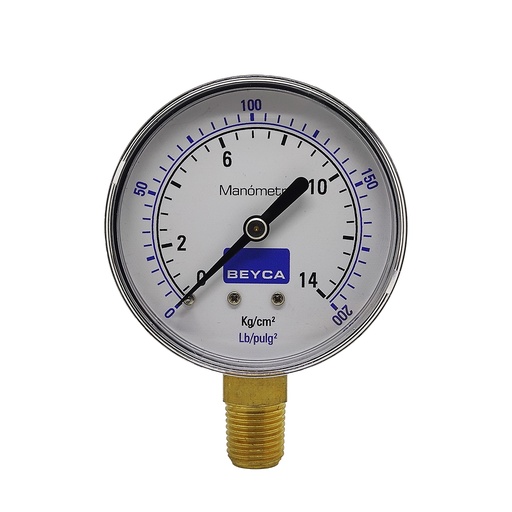 [MM2-24/14] MANÓMETRO BEYCA 63MM. ESTANDAR 0-14KG/CM2 ROSCA INF. 1/4 BSPT VISOR POLICARBONATO.